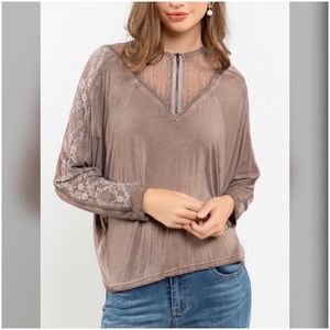 Stone Wash Long Sleeve Lace Top by POL